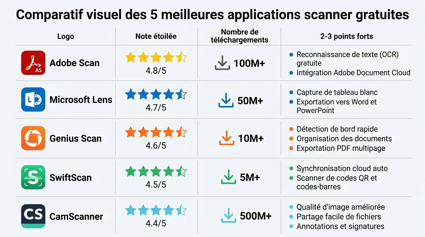 Comparatif visuel des 5 meilleures applications scanner gratuites