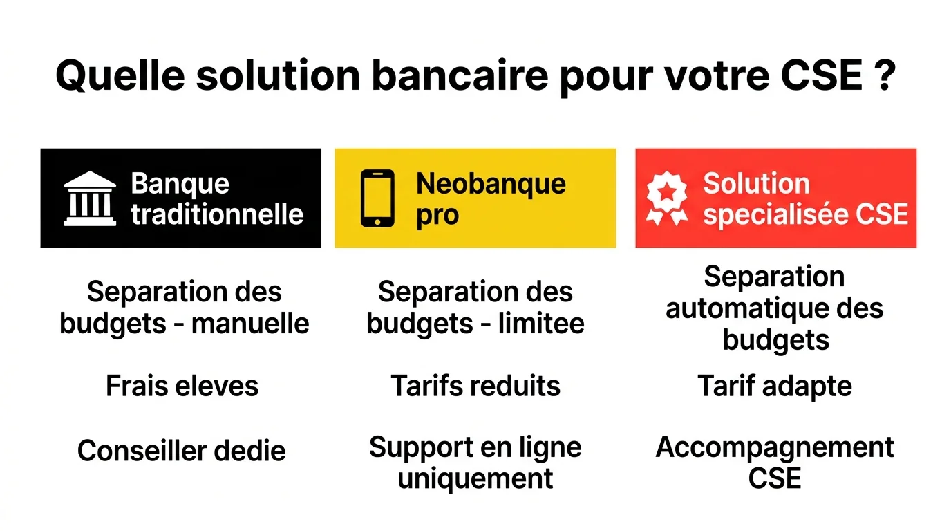 Comparatif des solutions bancaires pour un CSE : banque traditionnelle, néobanque pro et solution spécialisée CSE