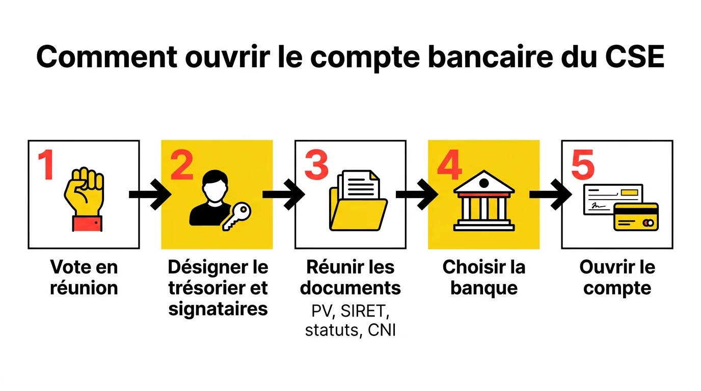 Les cinq étapes pour ouvrir le compte bancaire d'un CSE : vote en réunion, désignation du trésorier, réunion des documents, choix de la banque, ouverture du compte