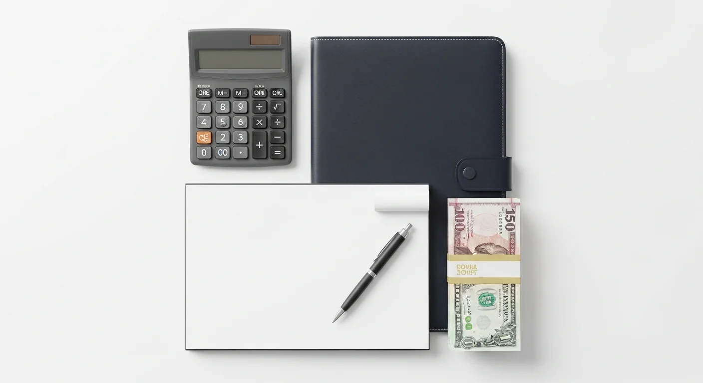 Vue de dessus d'objets de gestion financière sur fond blanc : calculatrice, bloc-notes, stylo, classeur et billets
