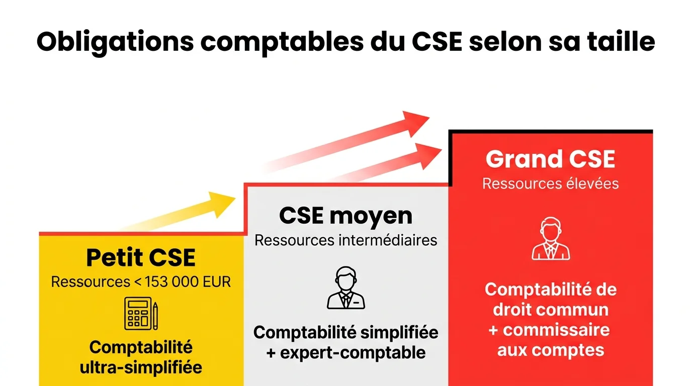 Schéma en escalier des obligations comptables du CSE selon sa taille : petit CSE en comptabilité ultra-simplifiée, CSE moyen avec expert-comptable, grand CSE avec commissaire aux comptes