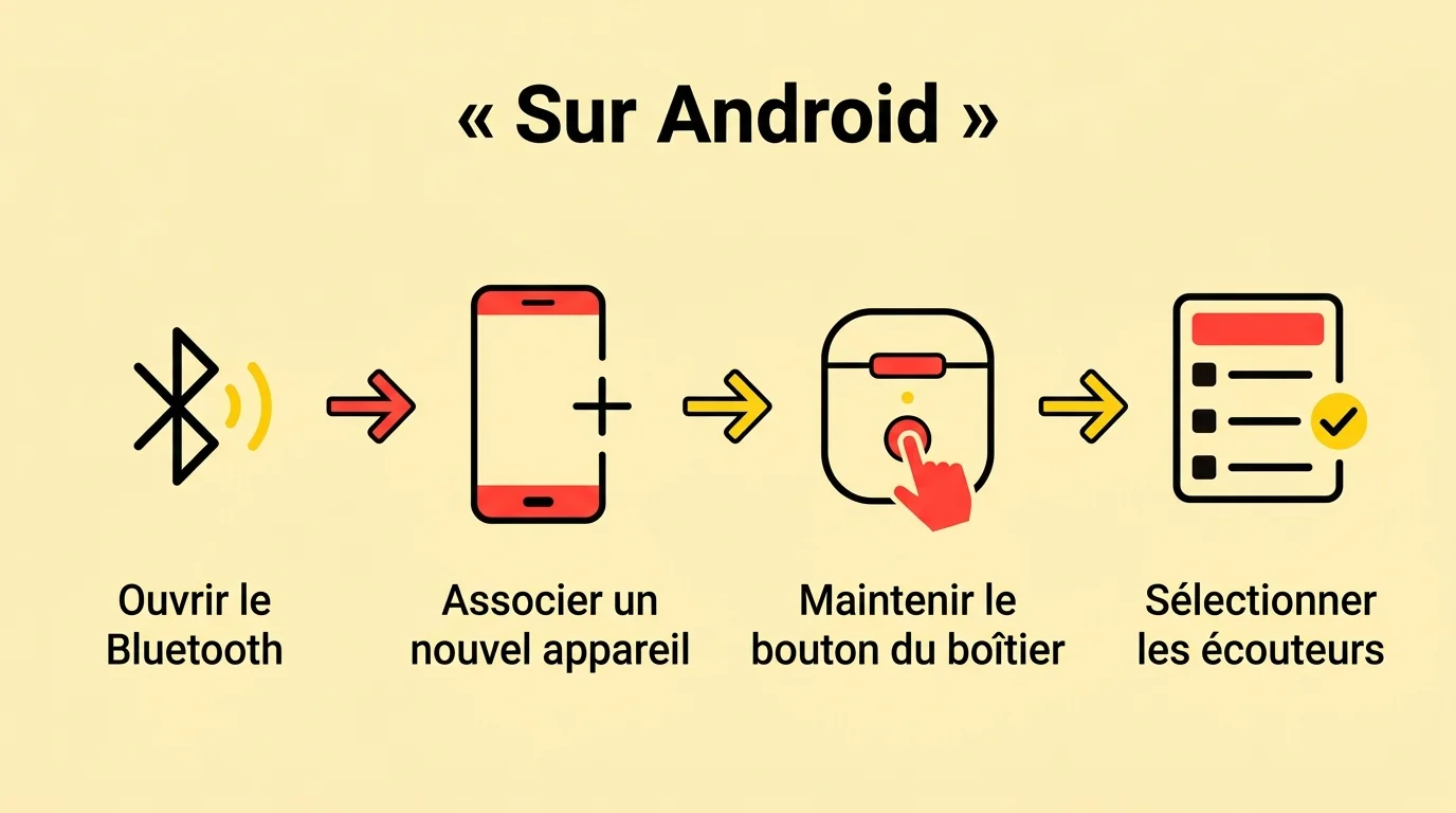 Connecter des AirPods sur Android : ouvrir le Bluetooth, associer un nouvel appareil, maintenir le bouton du boîtier, sélectionner les AirPods