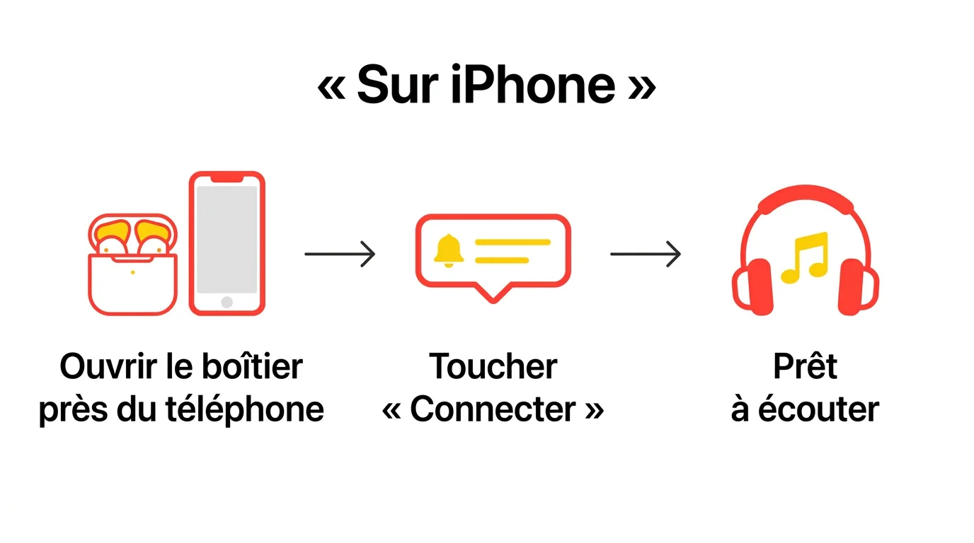 Connecter des AirPods sur iPhone : ouvrir le boîtier près de l'iPhone, toucher Connecter, prêt à écouter