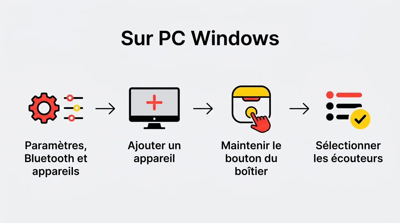 Connecter des AirPods sur PC Windows : Paramètres, Bluetooth et appareils, ajouter un appareil, maintenir le bouton du boîtier, sélectionner les AirPods