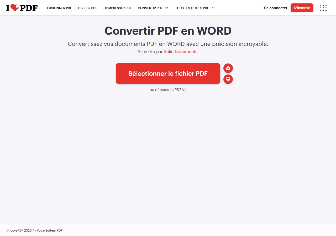 Outil Convertir PDF en Word de iLovePDF, capture de la page en français