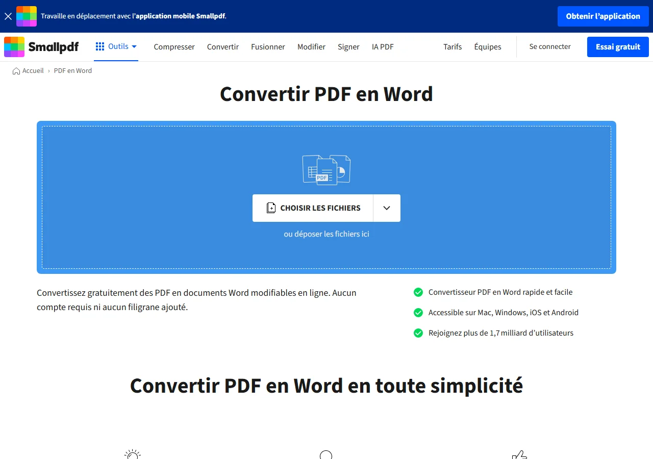 Convertisseur de PDF en Word de Smallpdf, capture de la page en français