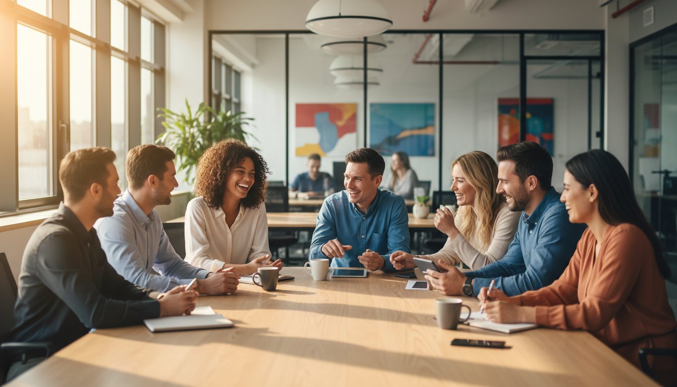 Equipe de collaborateurs en reunion autour d une table dans un bureau moderne