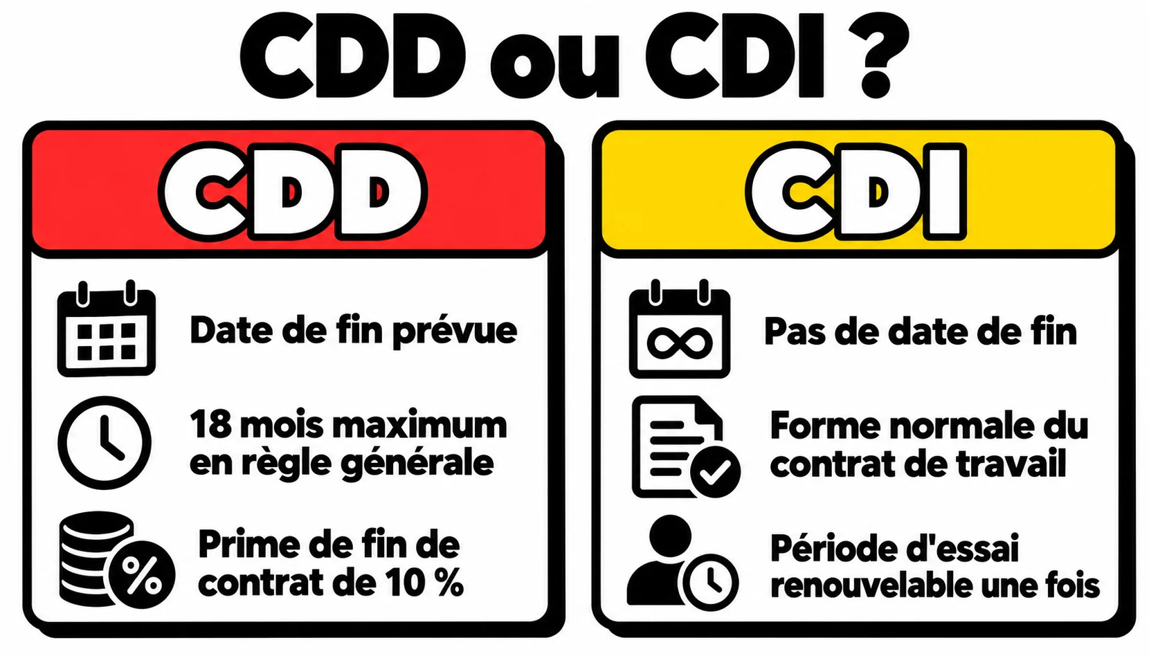 Comparaison entre le CDD, avec date de fin prévue, 18 mois maximum en règle générale et prime de fin de contrat de 10 %, et le CDI, sans date de fin