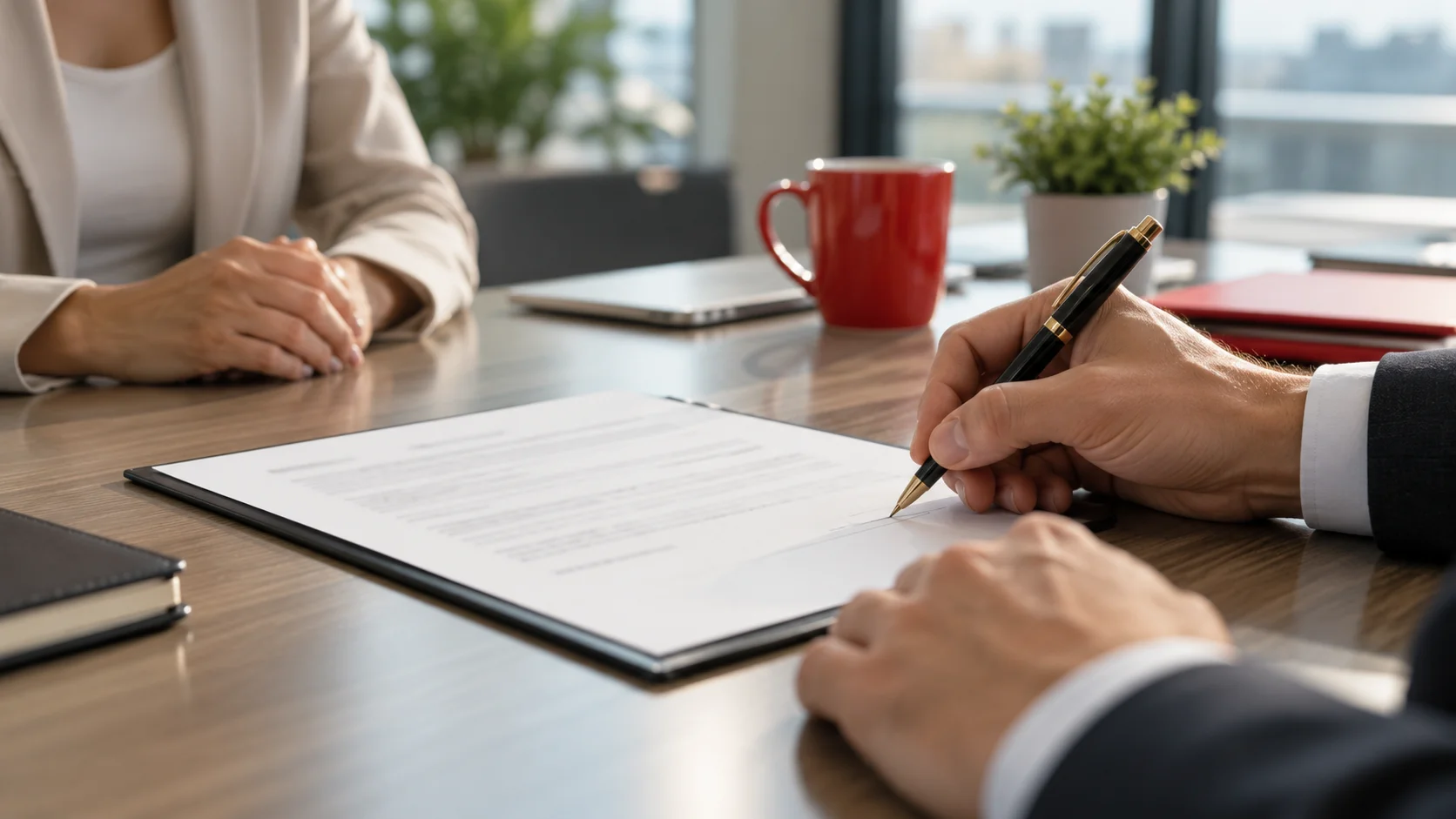 Main signant un contrat de travail au stylo sur un bureau lumineux, face à une autre personne