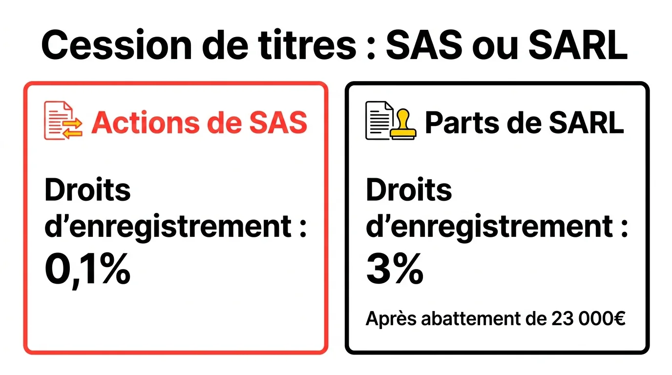 Cession de titres : droits d'enregistrement de 0,1 % pour les actions de SAS, 3 % après un abattement de 23 000 euros pour les parts de SARL