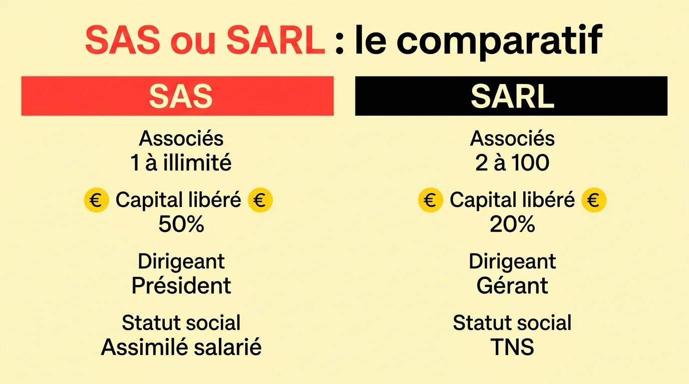 Tableau comparatif SAS et SARL : associés 1 à illimité contre 2 à 100, capital libéré 50 % contre 20 %, dirigeant président contre gérant, statut social assimilé salarié contre TNS