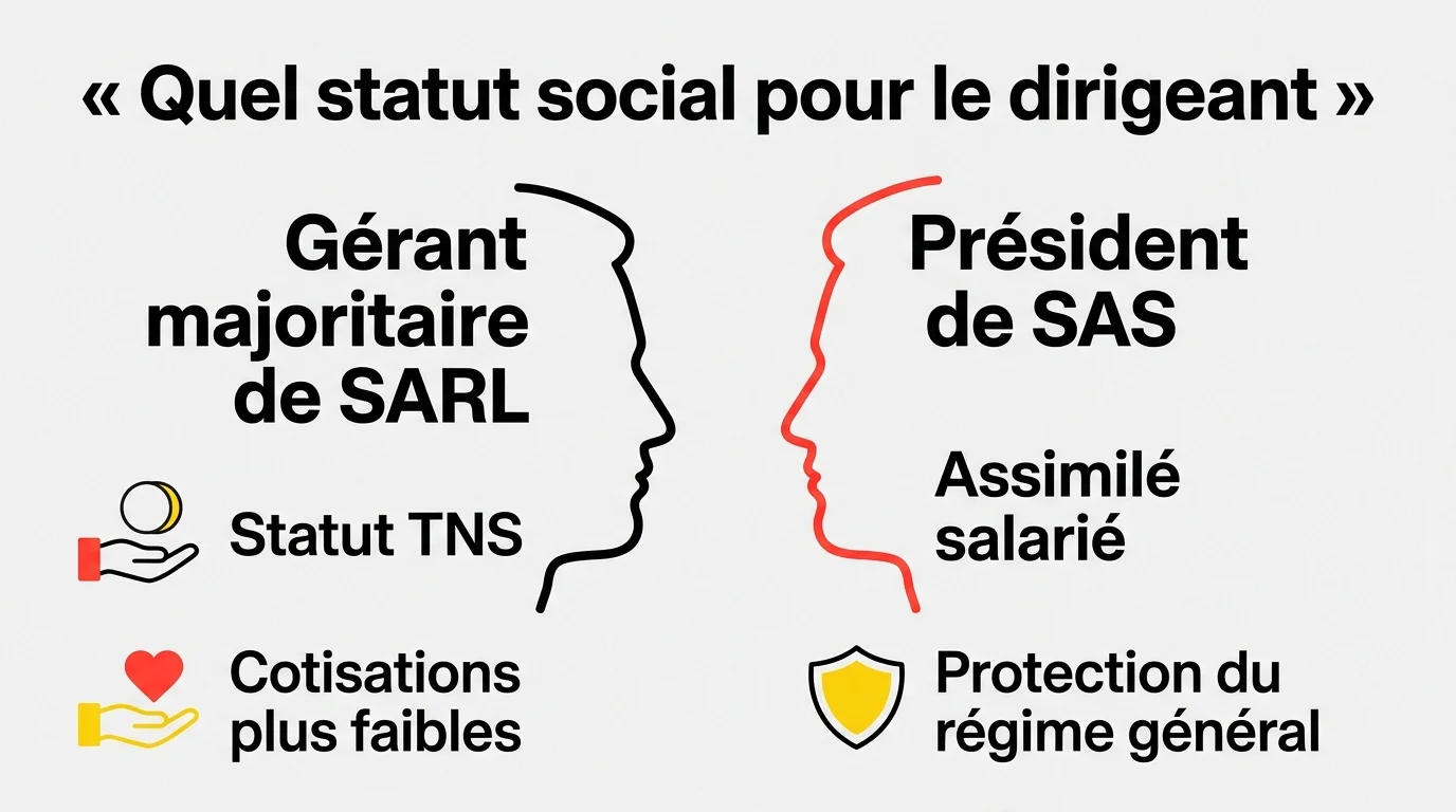 Statut social du dirigeant : gérant majoritaire de SARL au régime TNS avec des cotisations plus faibles, président de SAS assimilé salarié protégé par le régime général