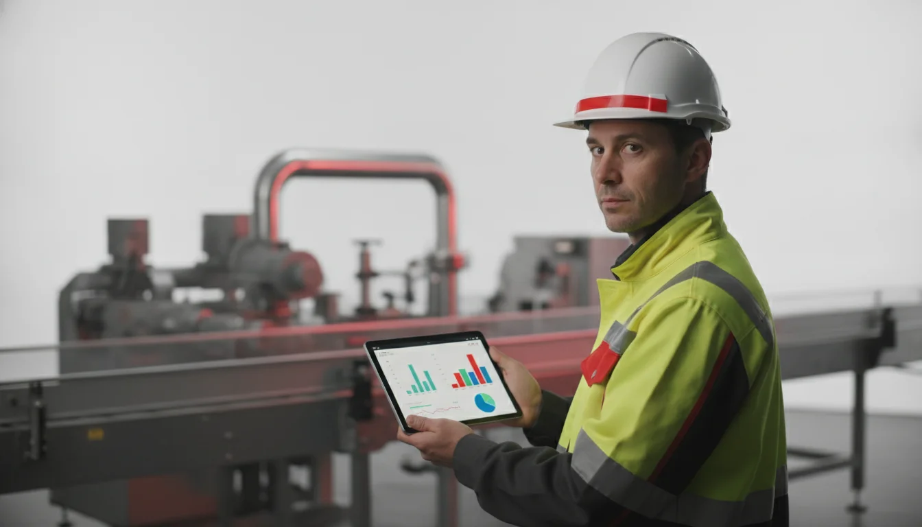 Technicien de maintenance industrielle avec tablette et logiciel GMAO devant une machine