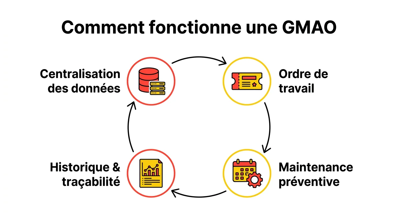 Schéma en 4 étapes du fonctionnement d'une GMAO : centralisation des données, ordre de travail, maintenance préventive, historique et traçabilité