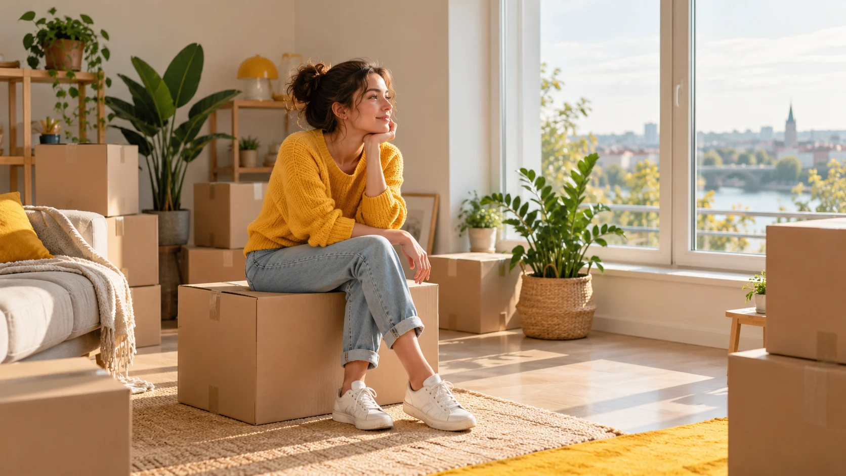 Jeune locataire assise sur un carton dans son appartement lumineux fraîchement emménagé, entourée de plantes et de cartons