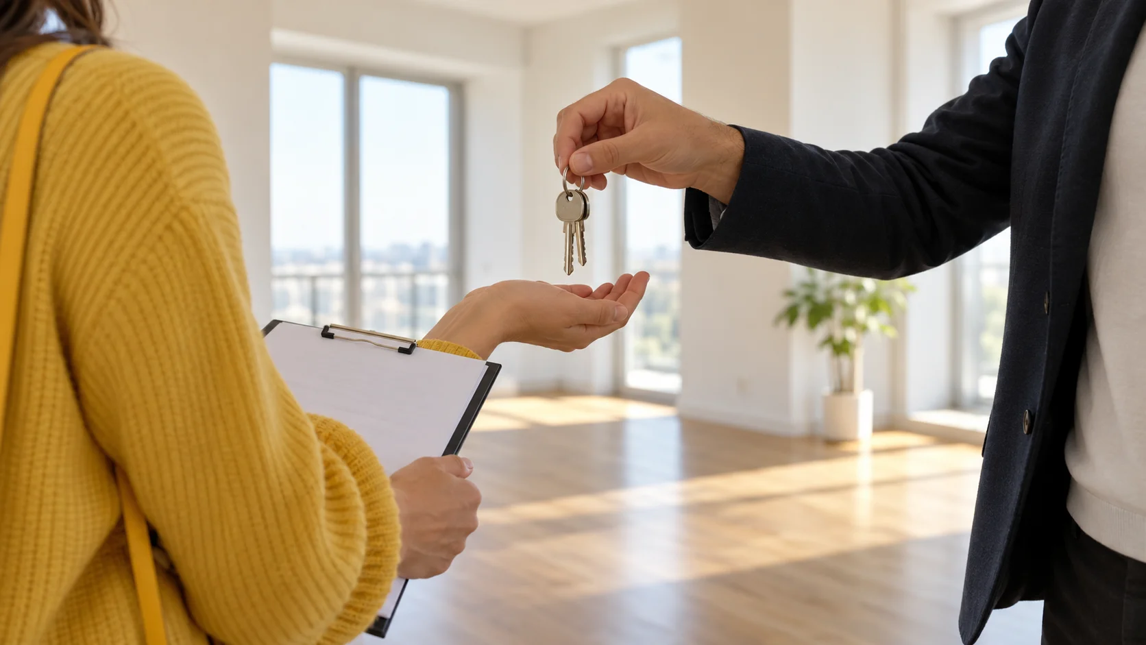 Remise des clés d'un appartement vide et lumineux entre un bailleur et un locataire, porte-bloc en main