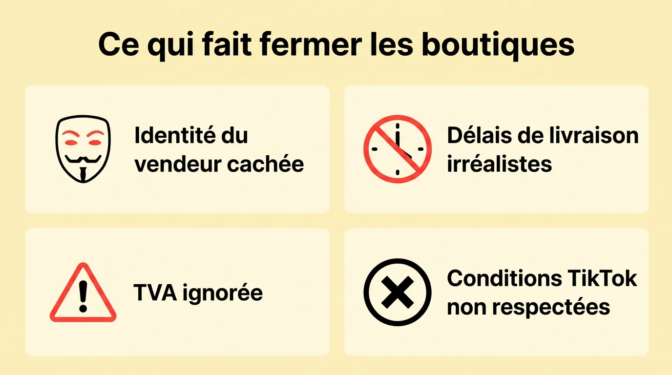 Les erreurs courantes qui font fermer une boutique TikTok Shop : informations vendeur cachées, délais irréalistes, TVA ignorée