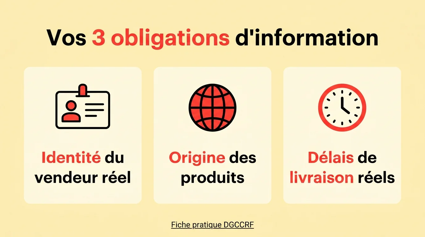 Les trois obligations d'information de la DGCCRF pour la vente en ligne : identité du vendeur, origine des produits, délais réels