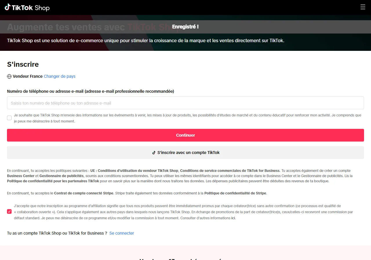 Écran d'inscription vendeur sur le site officiel seller-fr.tiktok.com