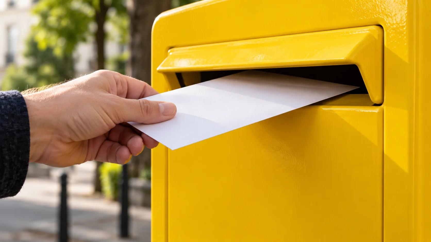 Une main glisse une enveloppe blanche dans la fente d'une boîte aux lettres jaune