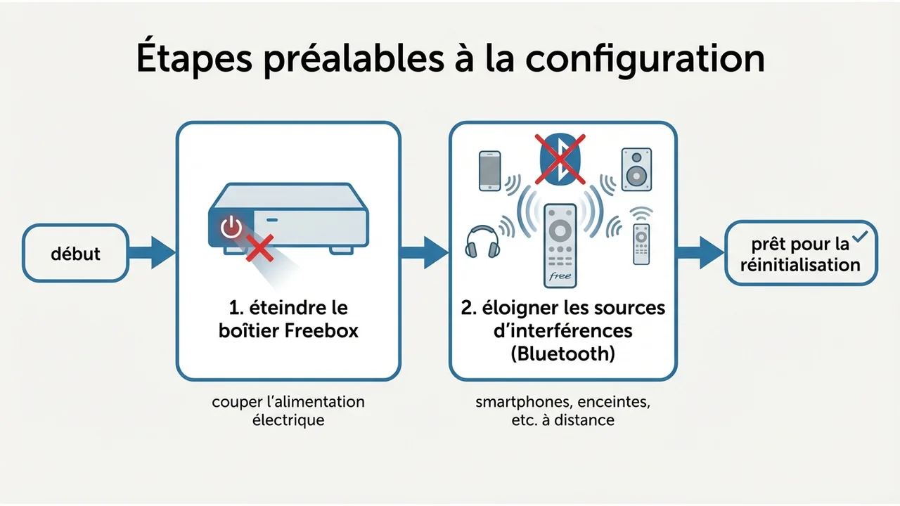 Diagramme de flux montrant les deux étapes cruciales : éteindre la Freebox et supprimer les sources d'interférences Bluetooth.