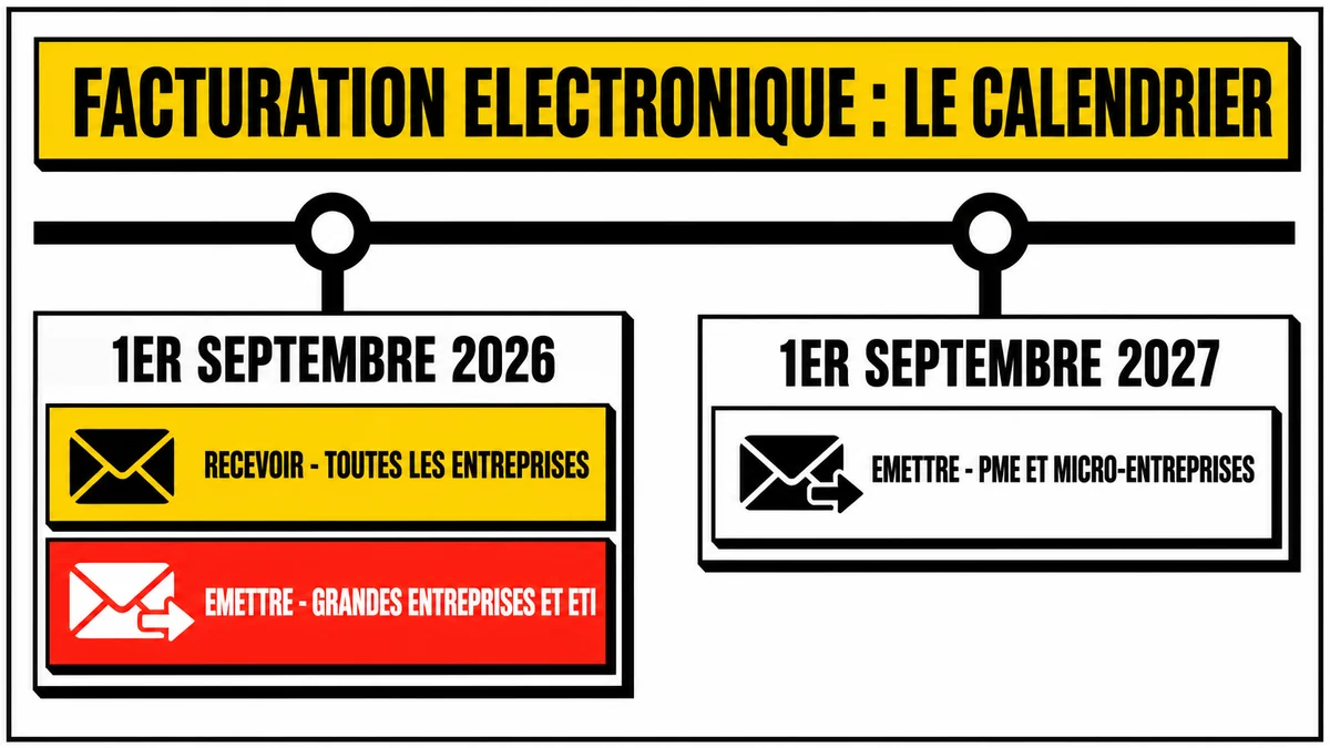 Calendrier de la facturation électronique : réception pour toutes les entreprises et émission pour les grandes entreprises et ETI le 1er septembre 2026, émission pour les PME et micro-entreprises le 1er septembre 2027