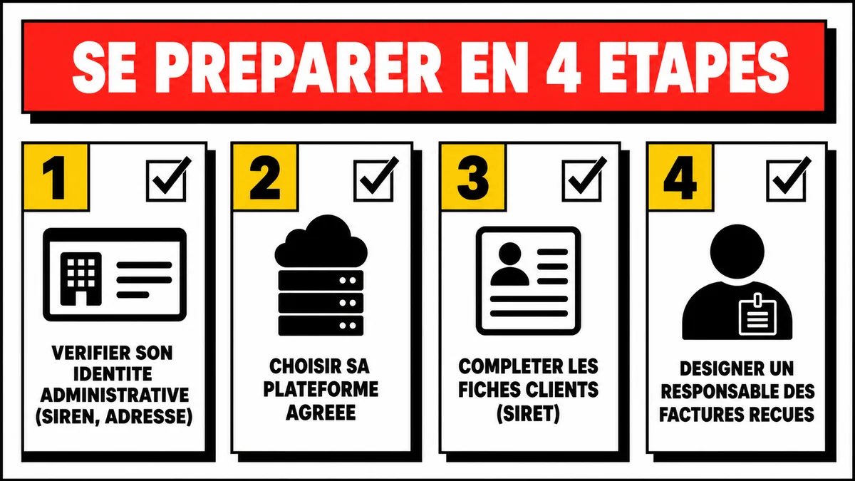 Check-list en quatre étapes : vérifier son identité administrative, choisir sa plateforme agréée, compléter les fiches clients, désigner un responsable des factures reçues