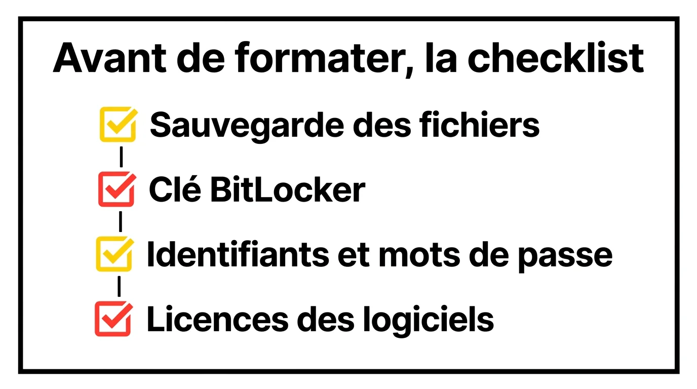 Checklist des étapes à faire avant de formater son PC : sauvegarde, clé BitLocker, identifiants, licences