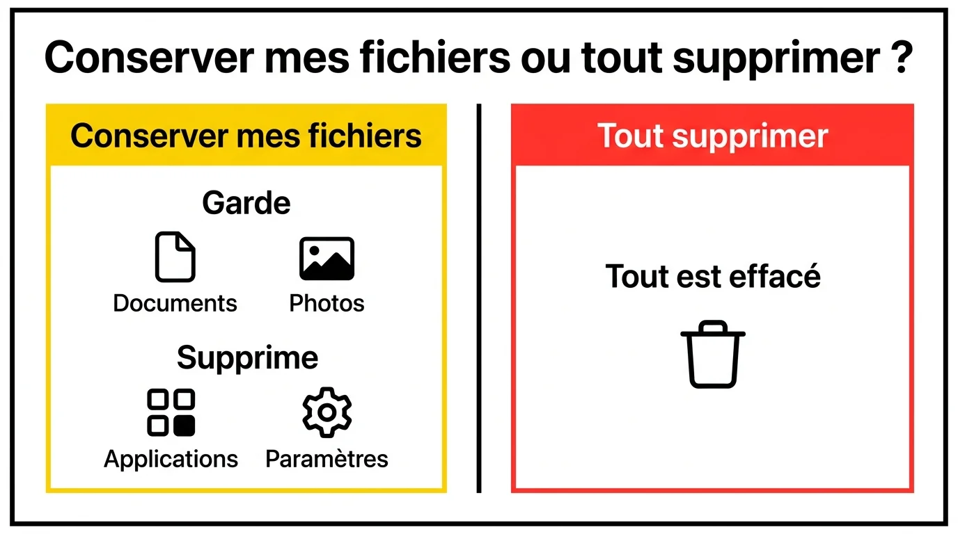 Infographie comparant les options conserver mes fichiers et tout supprimer lors d'un formatage Windows