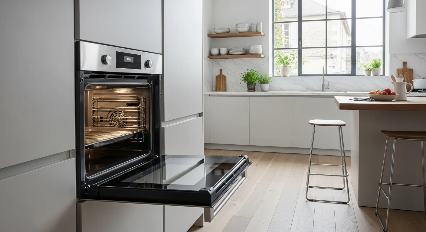 Four de cuisine encastré porte ouverte, intérieur propre et brillant dans une cuisine lumineuse