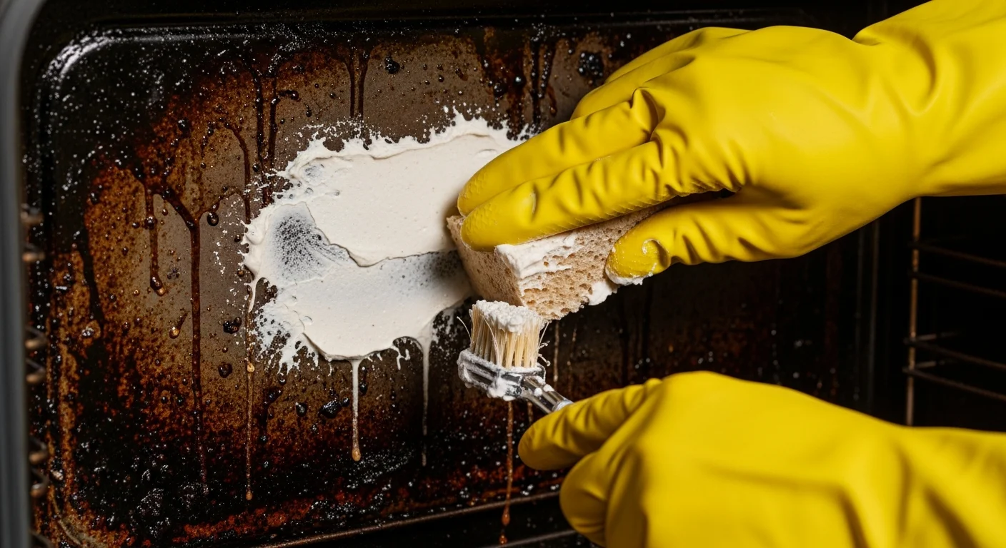 Application d'une pâte de bicarbonate sur la paroi intérieure encrassée d'un four avec des gants