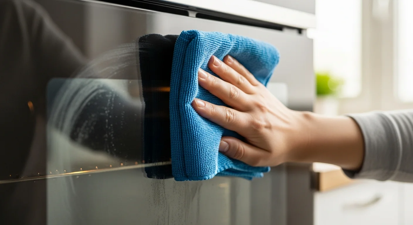 Nettoyage de la vitre de la porte d'un four avec un chiffon microfibre
