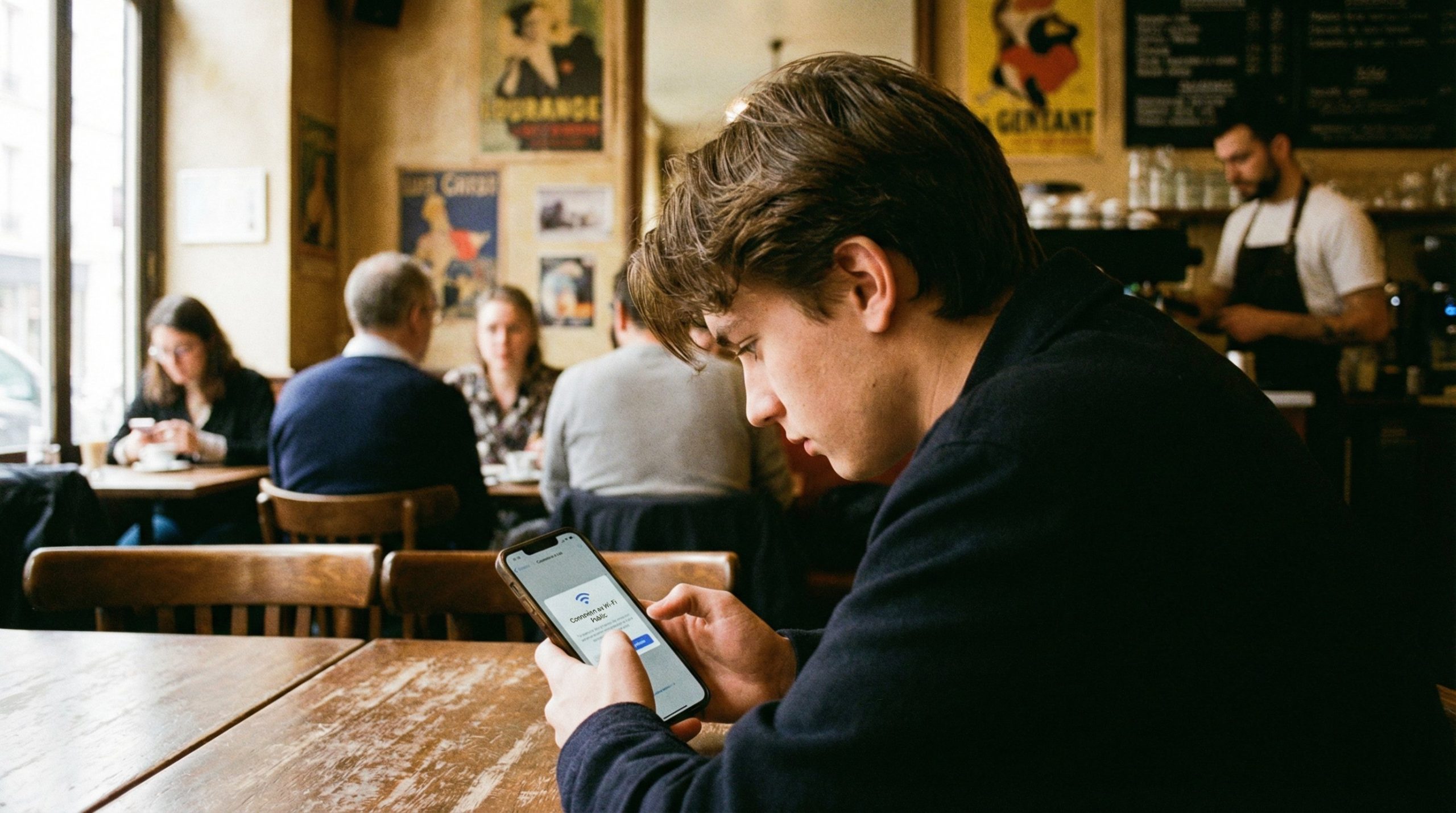 Jeune homme connecte au reseau Free WiFi Secure dans un cafe en France