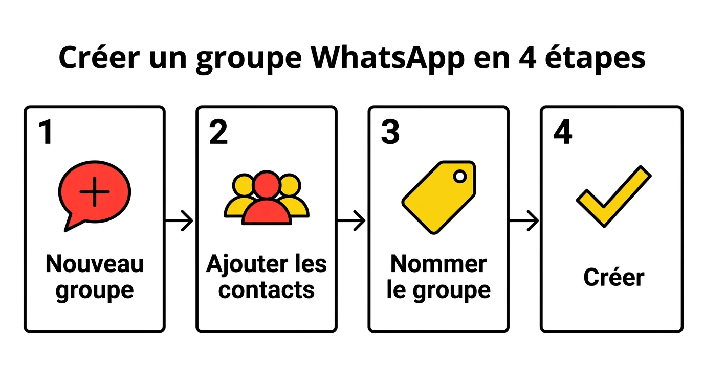 Infographie des 4 étapes pour créer un groupe WhatsApp : nouveau groupe, ajouter les contacts, nommer le groupe, créer