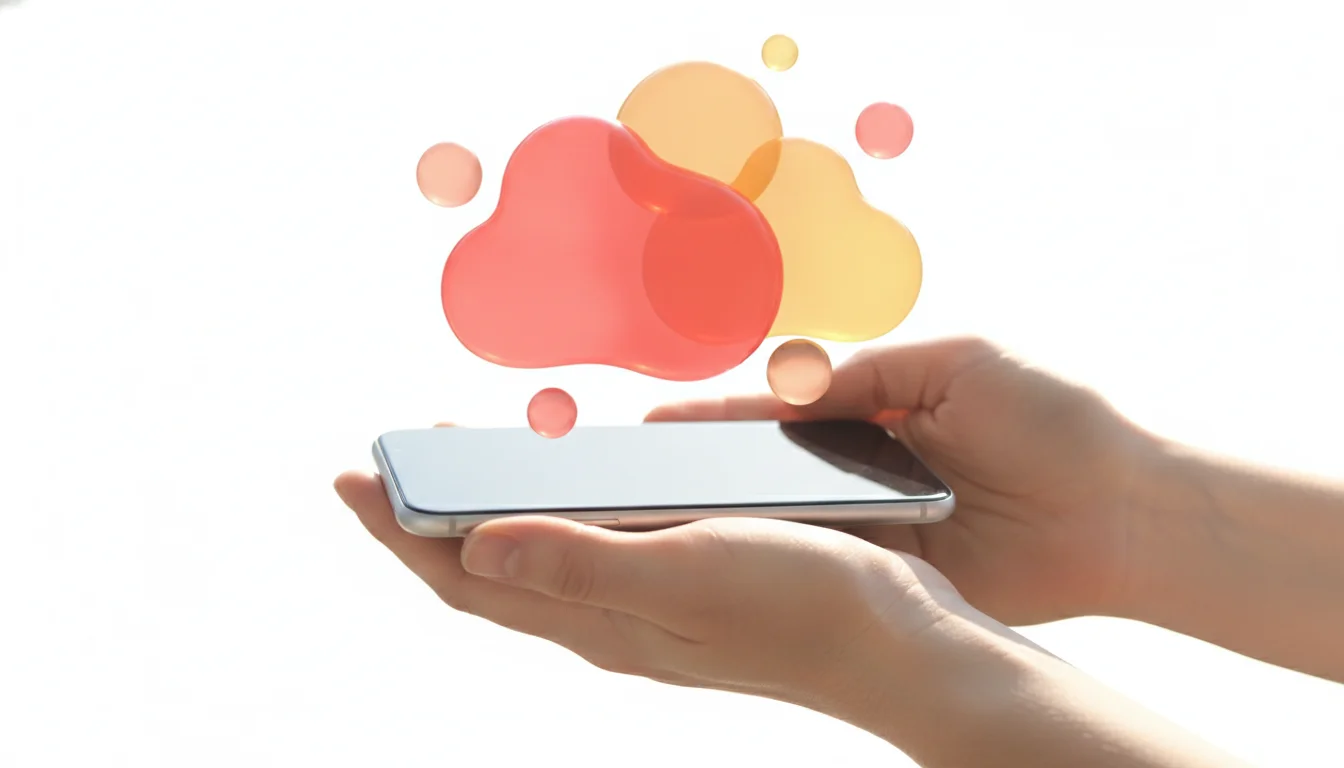 Mains tenant un smartphone entouré de bulles de discussion abstraites, symbolisant la création dun groupe WhatsApp
