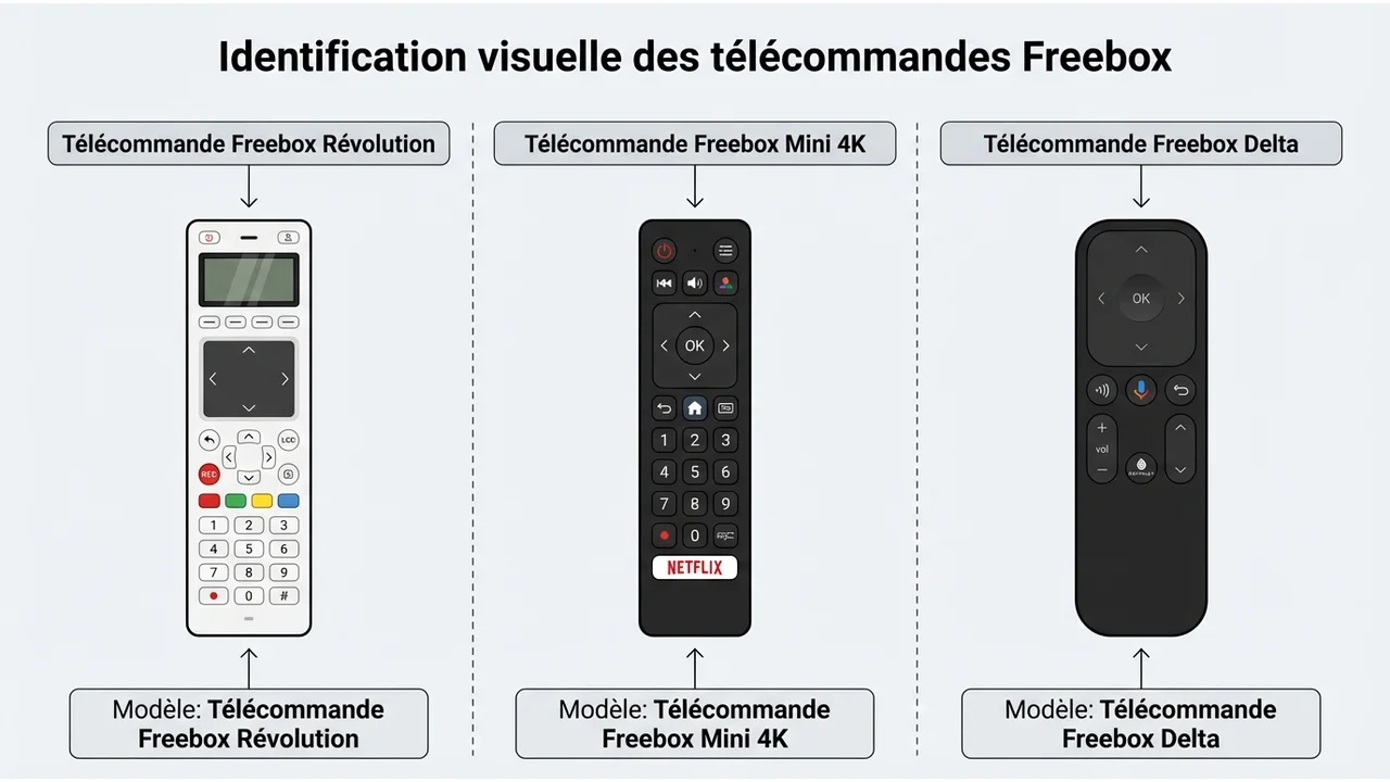 Tableau illustré présentant les télécommandes Freebox Revolution, Mini 4K et Delta pour faciliter l'identification par l'utilisateur.