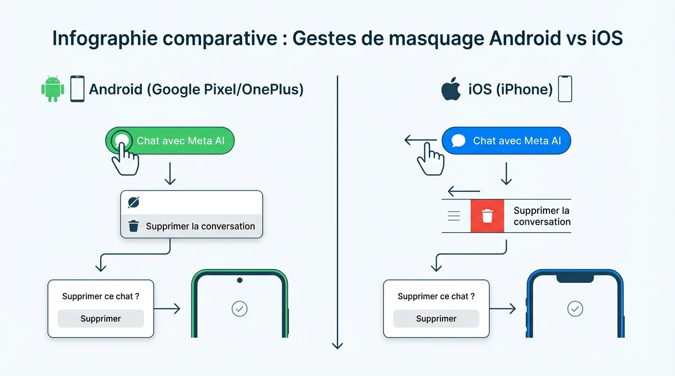Infographie comparative : Gestes de masquage Android vs iOS