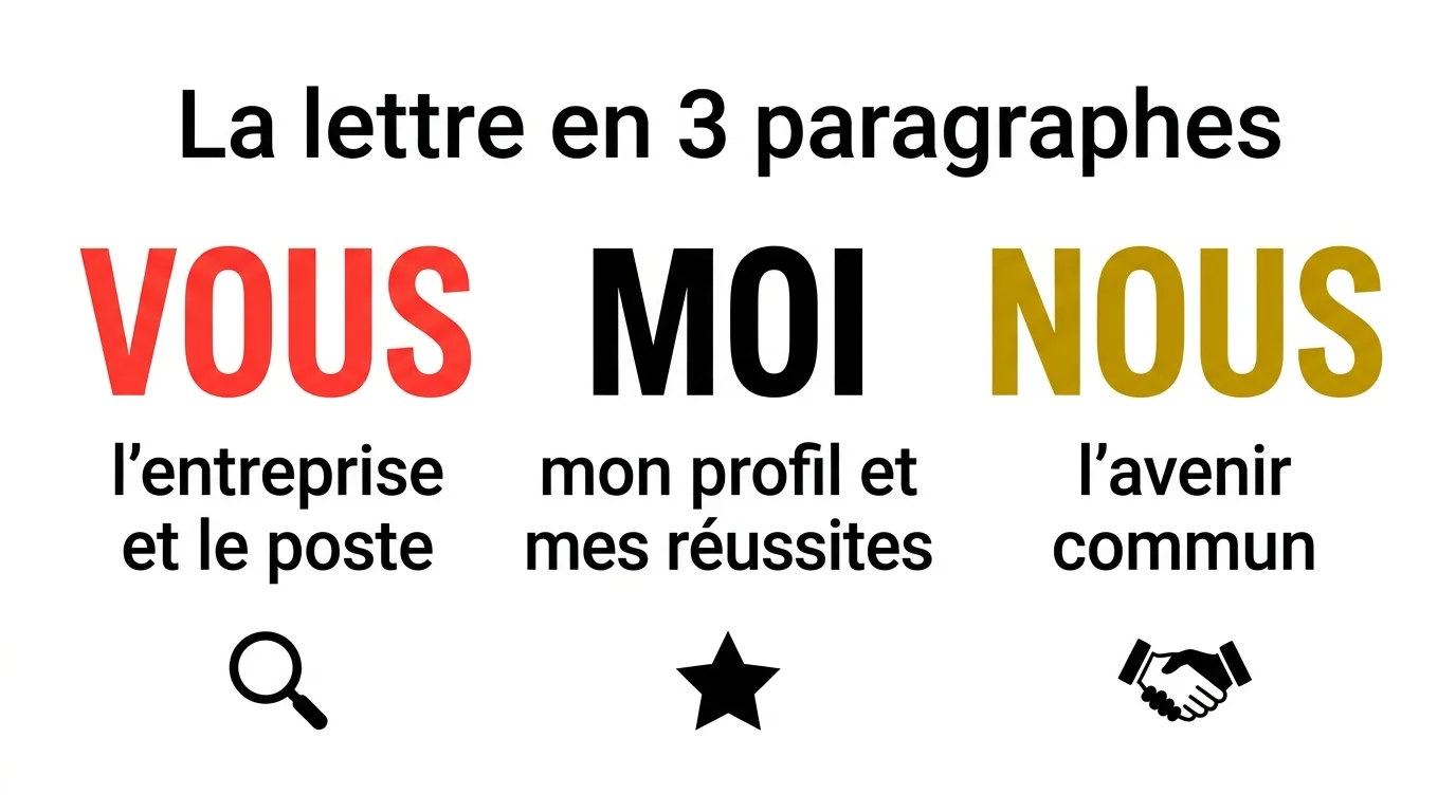 Schéma de la structure d'une lettre de motivation en trois paragraphes : vous, moi, nous