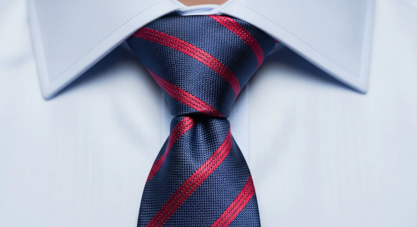 Gros plan d'un nœud de cravate Windsor large vu de profil sous un col de chemise