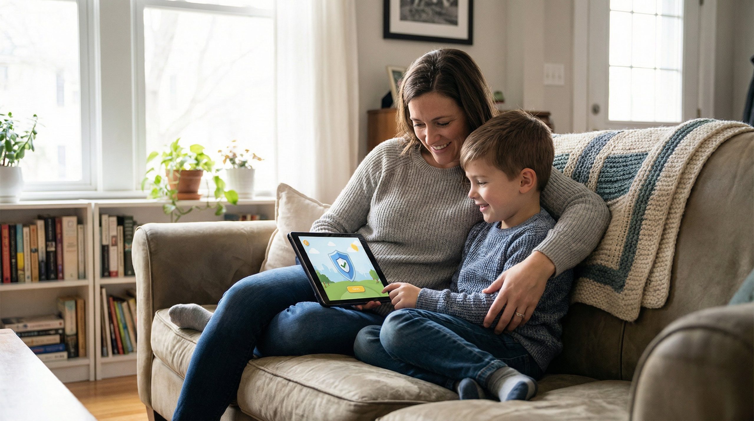 Parent et enfant sur le canape naviguant ensemble sur une tablette en toute securite