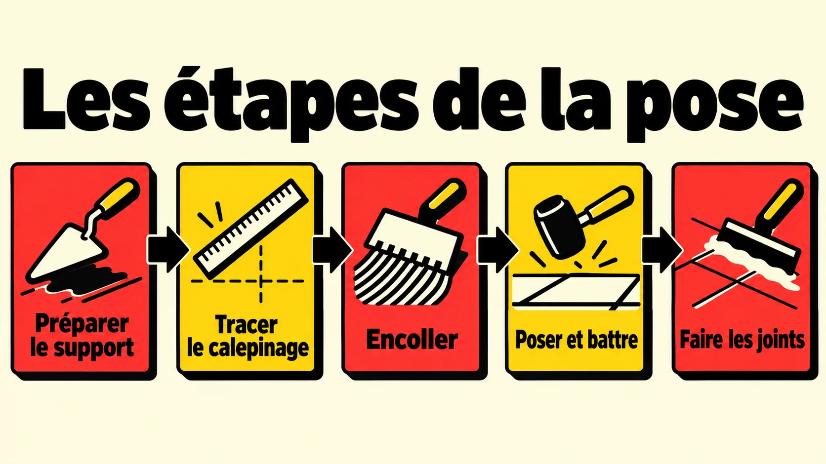 Schéma des cinq étapes de la pose de carrelage : préparer le support, tracer le calepinage, encoller, poser et battre, faire les joints