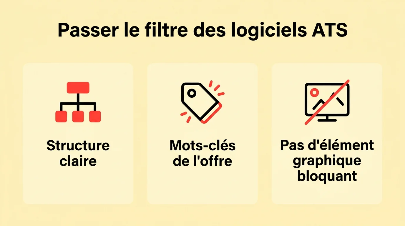 Infographie des réflexes pour passer le filtre des logiciels ATS : structure claire, mots-clés de l'offre, pas d'élément graphique bloquant