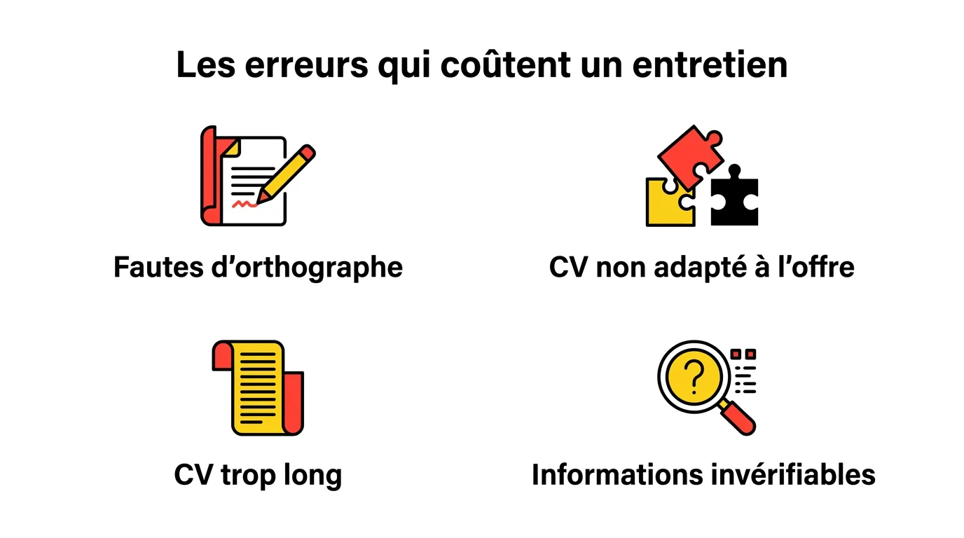 Infographie des erreurs de CV qui coûtent un entretien : fautes d'orthographe, CV non adapté, CV trop long, informations invérifiables