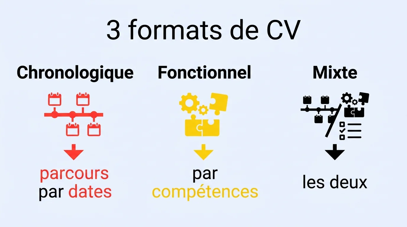 Infographie comparant les trois formats de CV : chronologique, fonctionnel et mixte
