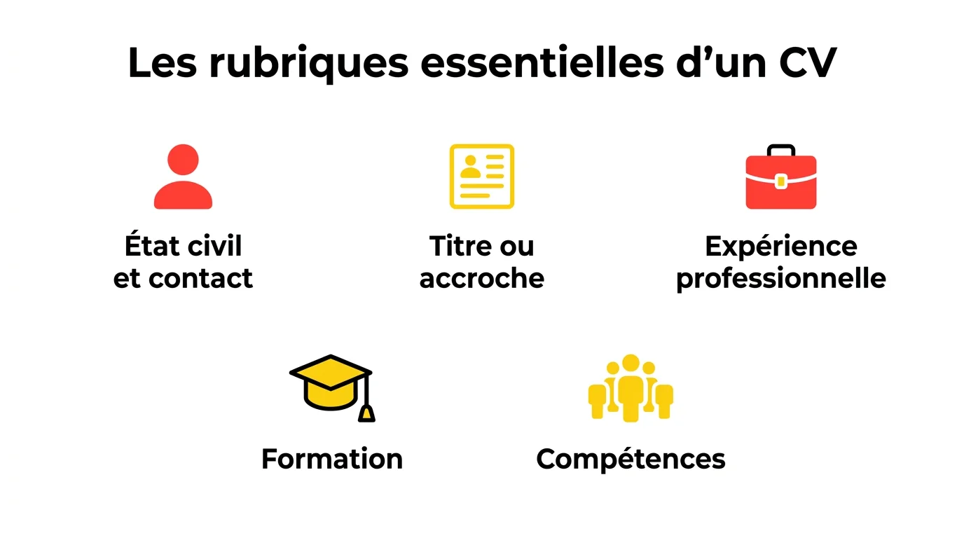 Infographie des rubriques essentielles d'un CV : état civil, titre, expérience professionnelle, formation, compétences