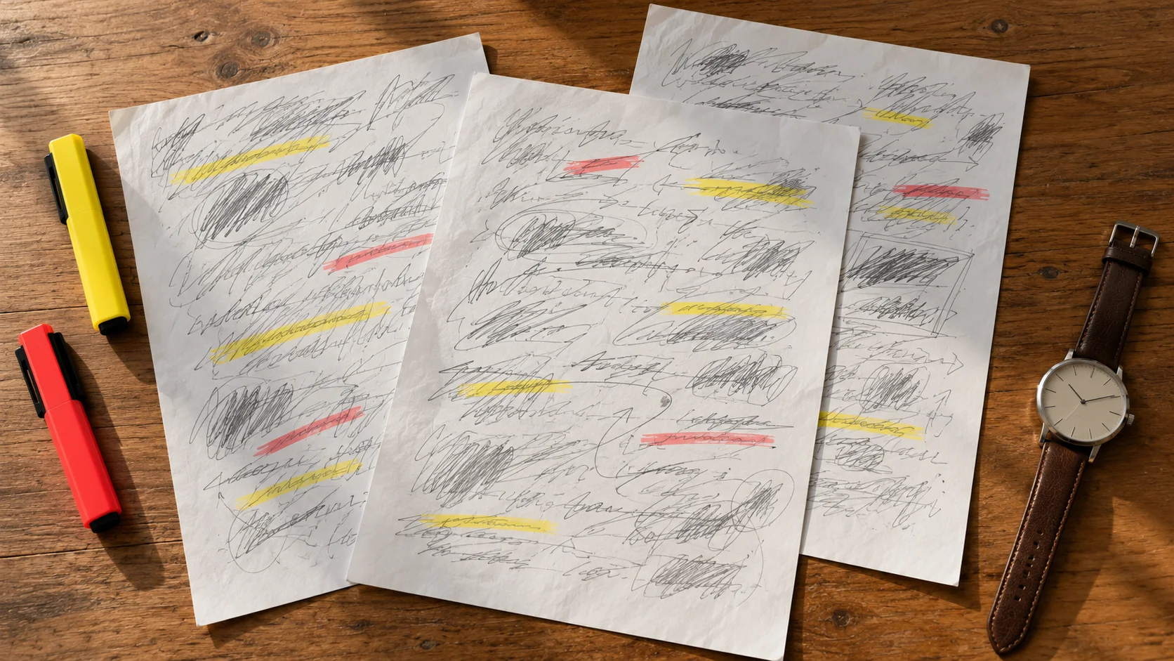Bureau d'élève vu de dessus avec des brouillons de plan griffonnés au crayon, deux surligneurs et une montre