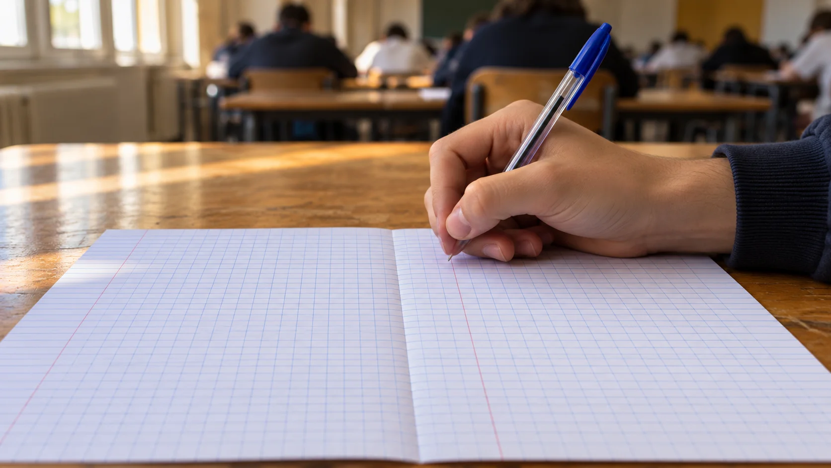 Main d'un élève tenant un stylo au-dessus d'une copie double à grands carreaux dans une salle d'examen