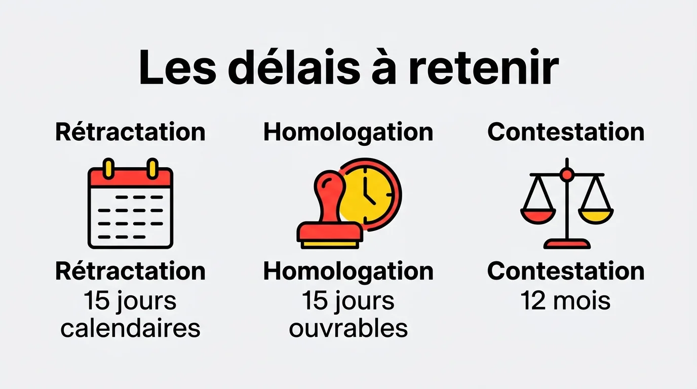 Les délais à retenir : rétractation 15 jours calendaires, homologation 15 jours ouvrables, contestation 12 mois