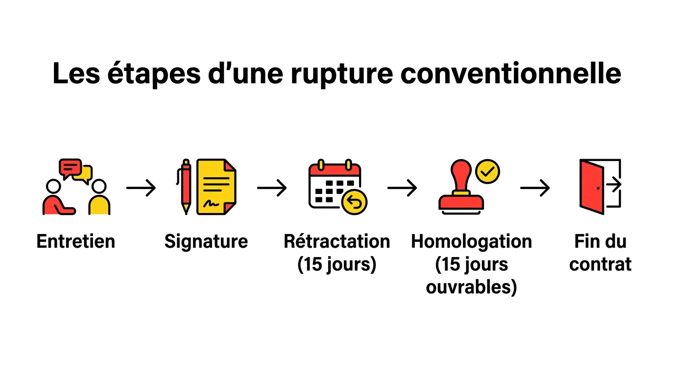 Les étapes d'une rupture conventionnelle : entretien, signature, rétractation de 15 jours, homologation, fin du contrat