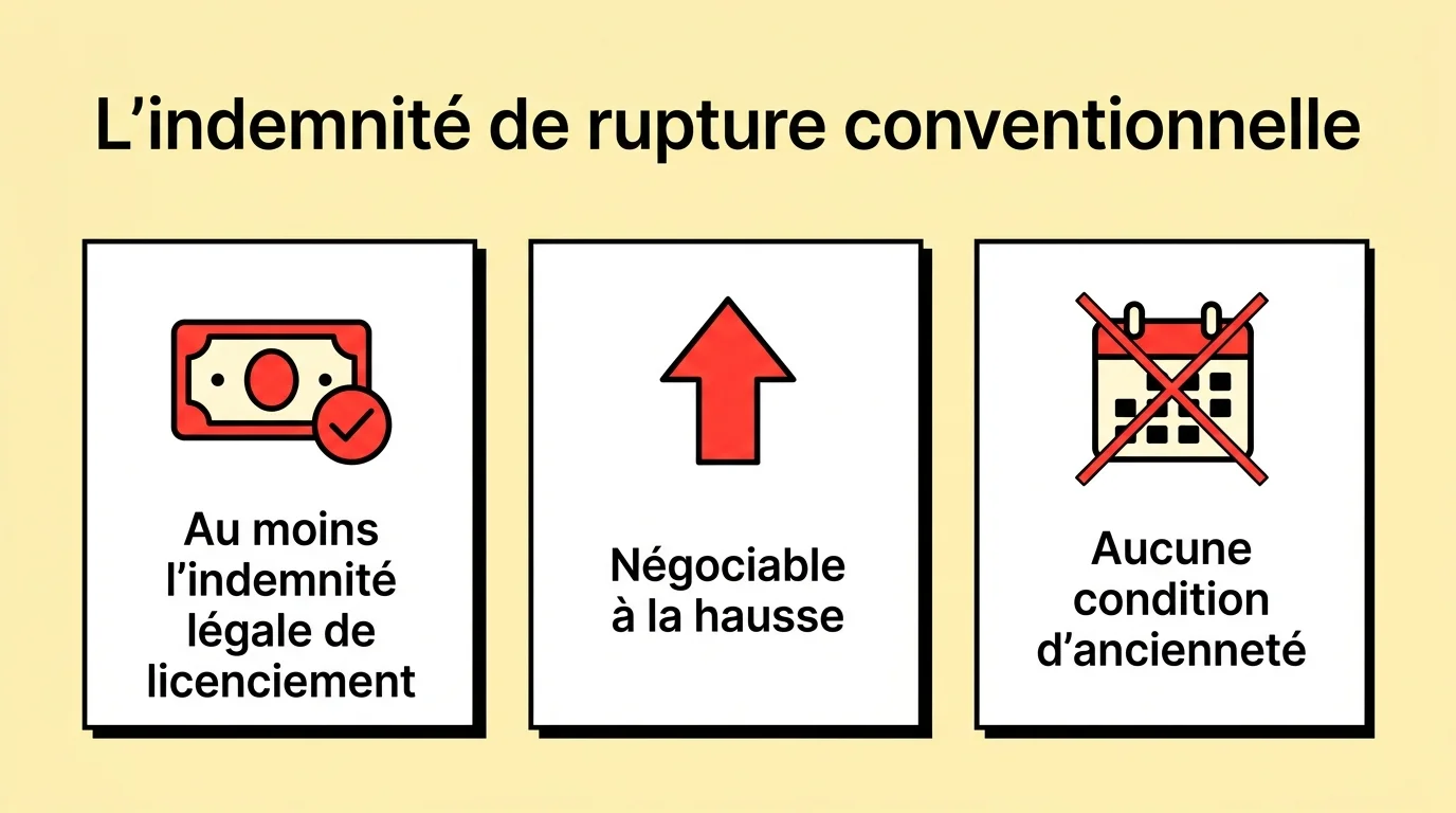 L'indemnité de rupture conventionnelle : au moins l'indemnité légale de licenciement, négociable à la hausse, sans condition d'ancienneté